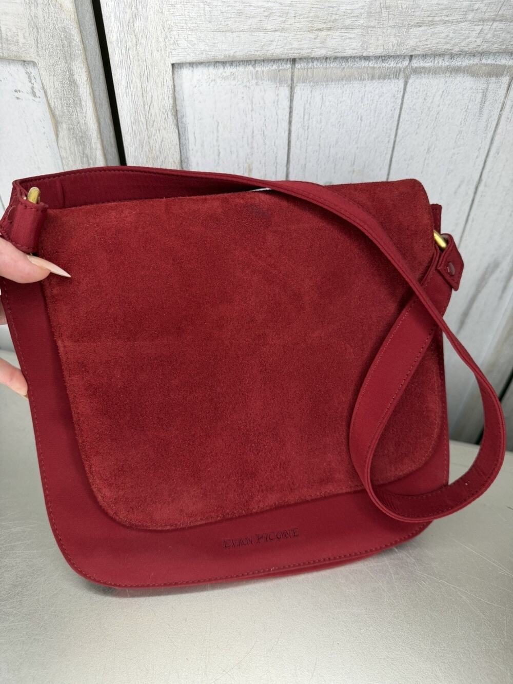 Vintage Evan Picone Suede Red Leather Shoulder Bag Minimalist Classic